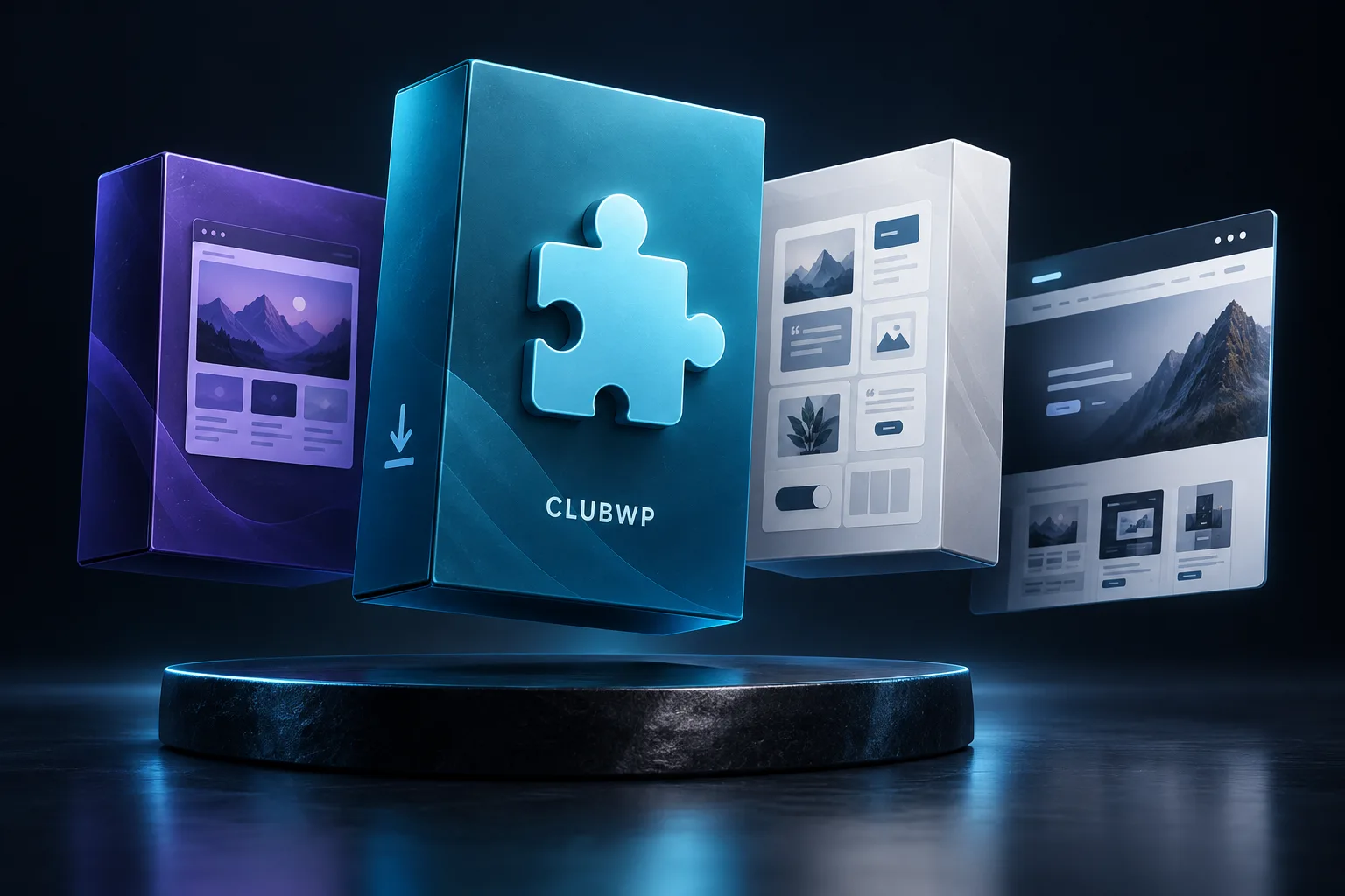 Ilustración de CLUBWP con cajas de plugins, themes y diseños web descargables
