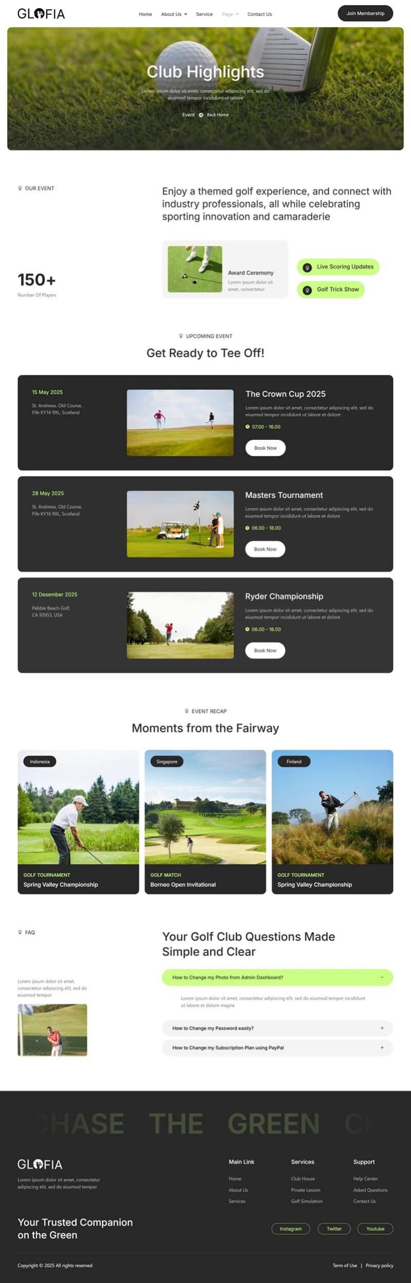 Glofia – Template Kit de Elementor para golf y club y campo
