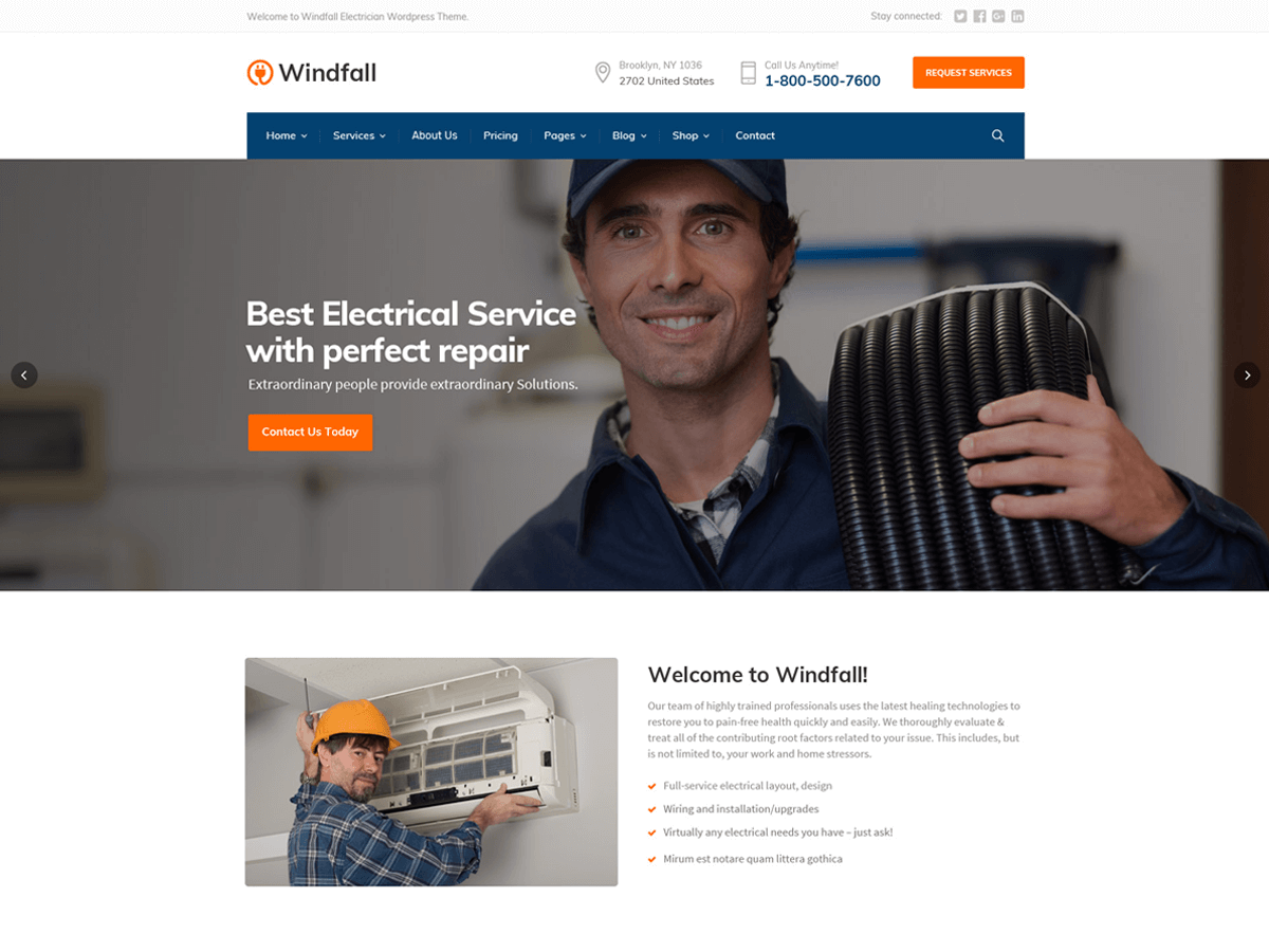 Windfall – Tema de WordPress para electrician y servicios